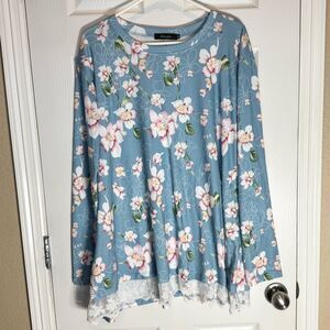 Sanifer Women's 2XL Long Sleeve Floral Shirt Lace Light Blue Spring